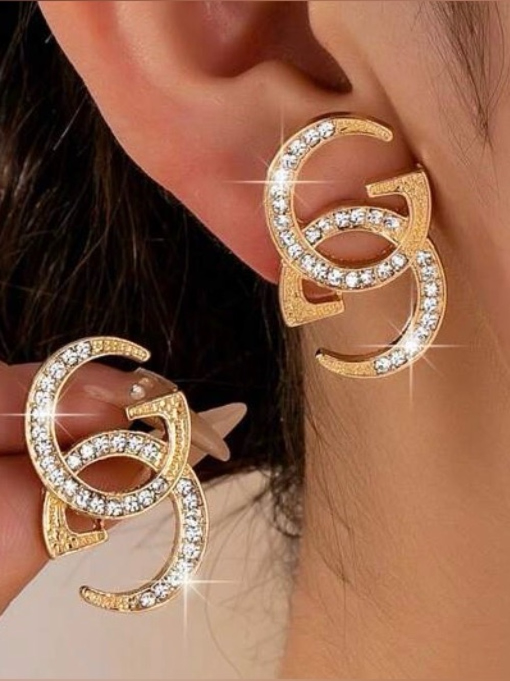 FASHION Gold-tone Pavé Interlocking Double G Stud Post Earrings - NWT